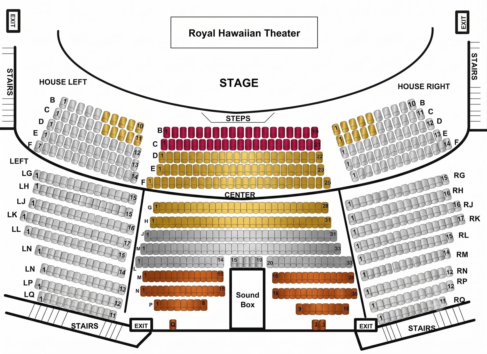 Royal Hawaiian Theater seating chart showing Royal Court, Gold VIP, Silver preferred, and General sections